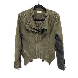 Mia Melon Studded Moto Jacket Size Medium Zip Front Long Sleeve Top Olive Green